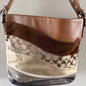 Coach. Rare Vintage Wave, brown, gold & gunmetal metallic leather Signature WAVE